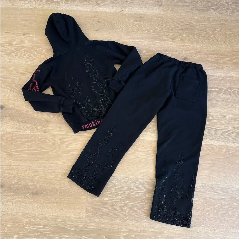 Ed Hardy x MGK Flames Rhinestone Hoodie and Sweatpants Size S in Black